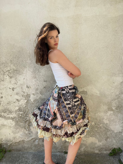 CHRISTIAN LACROIX
Patchwork silk skirt, ruffled hem, early 2000s