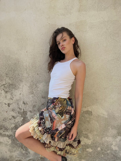CHRISTIAN LACROIX
Patchwork silk skirt, ruffled hem, early 2000s