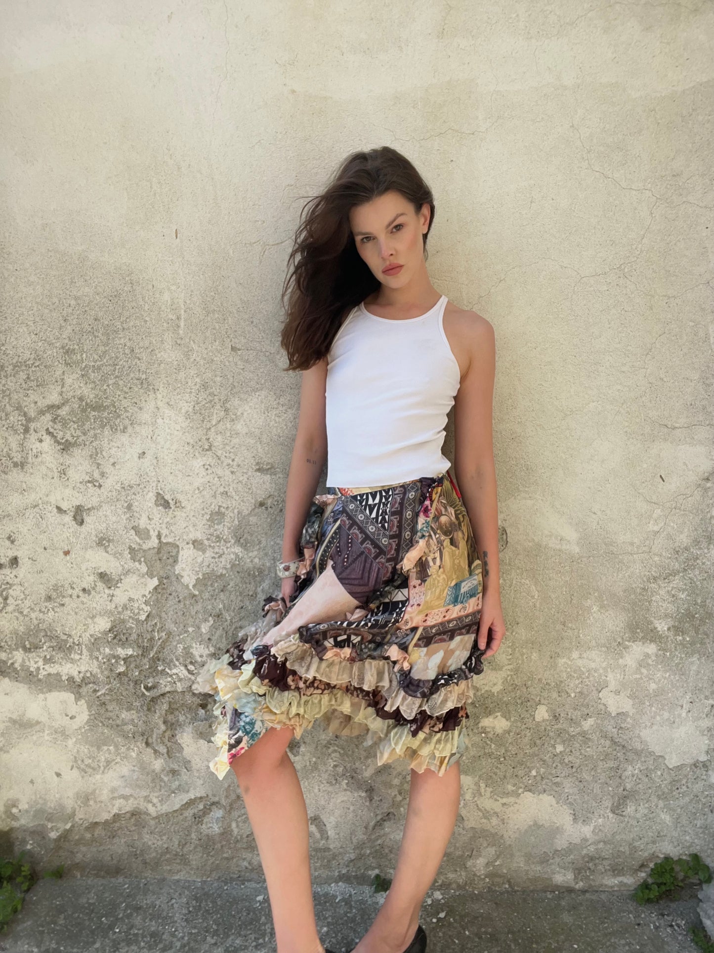 CHRISTIAN LACROIX
Patchwork silk skirt, ruffled hem, early 2000s