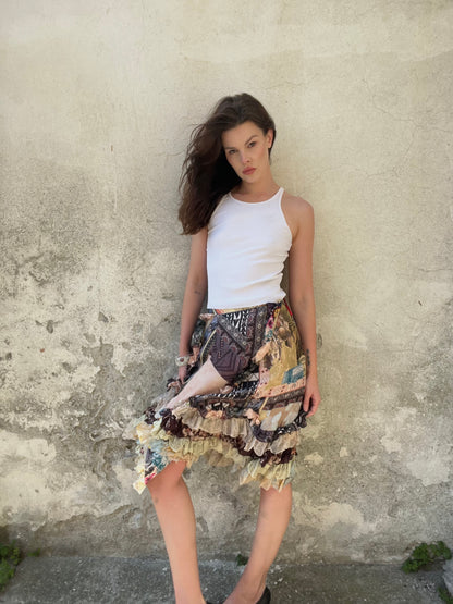 CHRISTIAN LACROIX
Patchwork silk skirt, ruffled hem, early 2000s