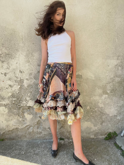 CHRISTIAN LACROIX
Patchwork silk skirt, ruffled hem, early 2000s