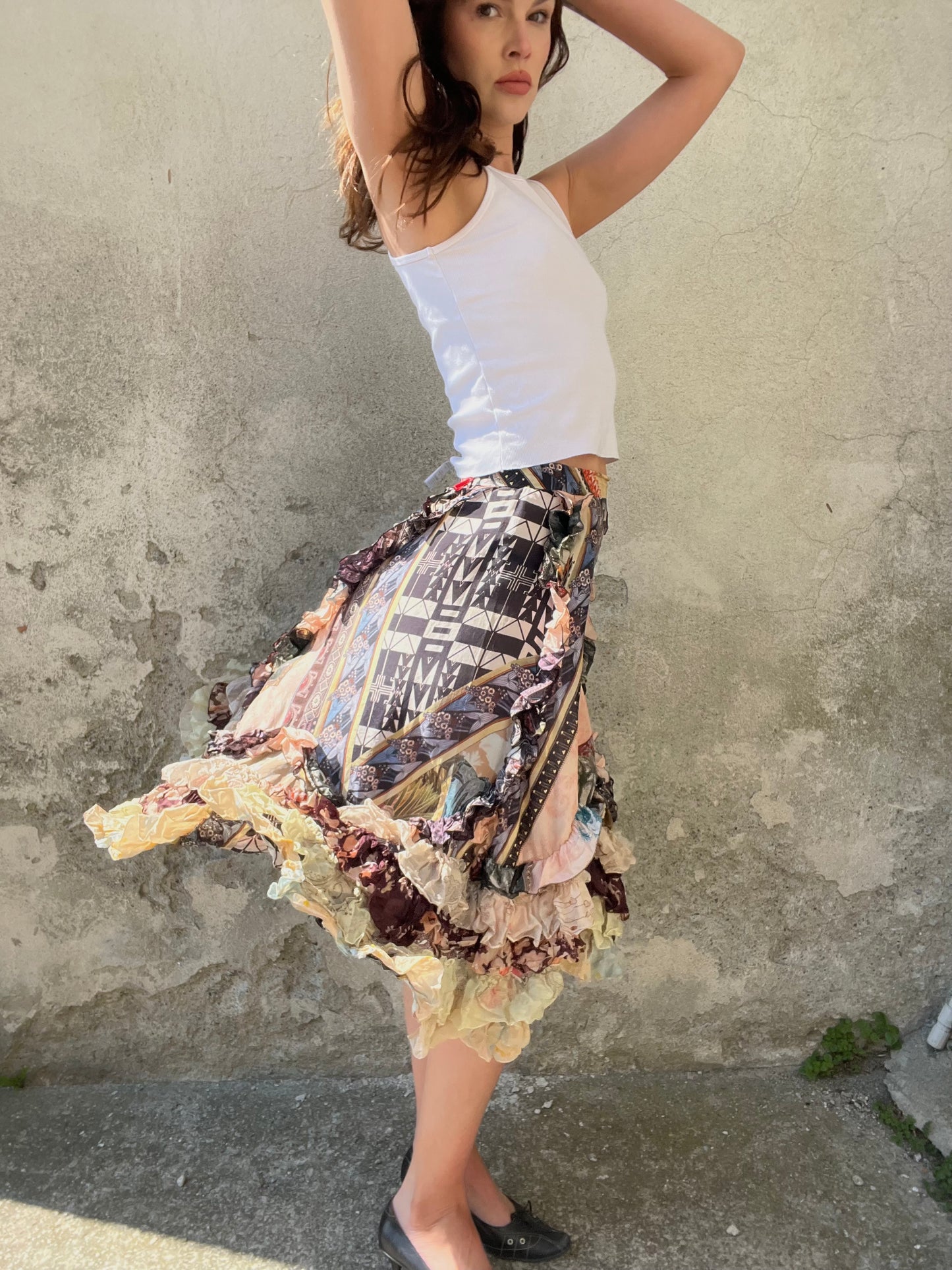 CHRISTIAN LACROIX
Patchwork silk skirt, ruffled hem, early 2000s