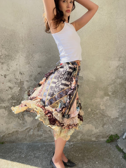 CHRISTIAN LACROIX
Patchwork silk skirt, ruffled hem, early 2000s