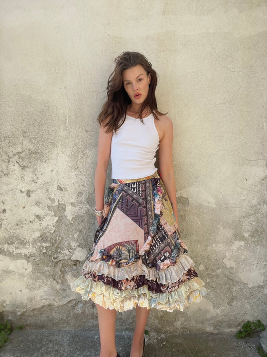 CHRISTIAN LACROIX
Patchwork silk skirt, ruffled hem, early 2000s