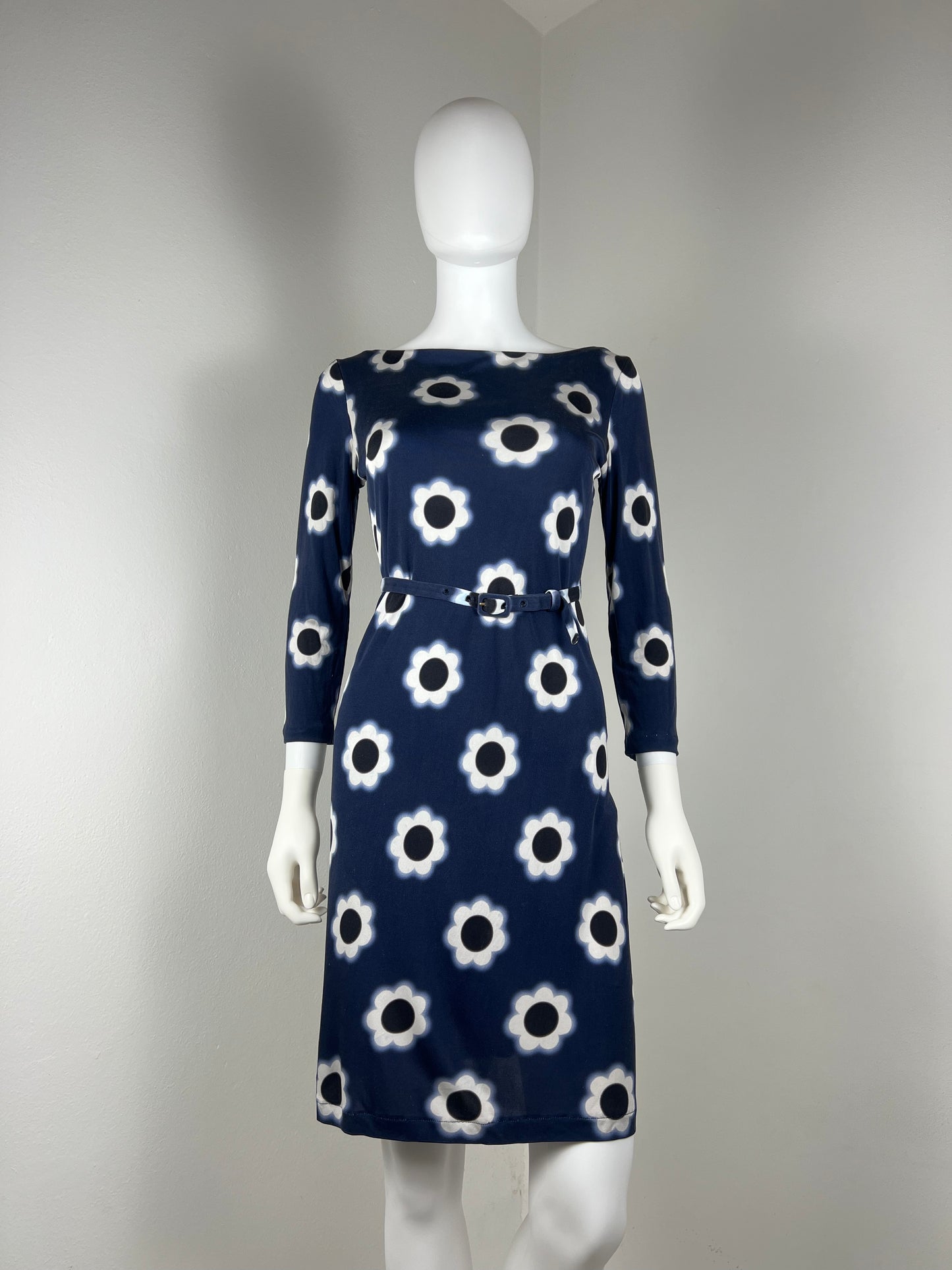 Prada Navy Floral Stretch Dress with Belt