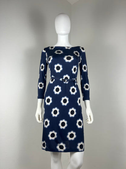 Prada Navy Floral Stretch Dress with Belt