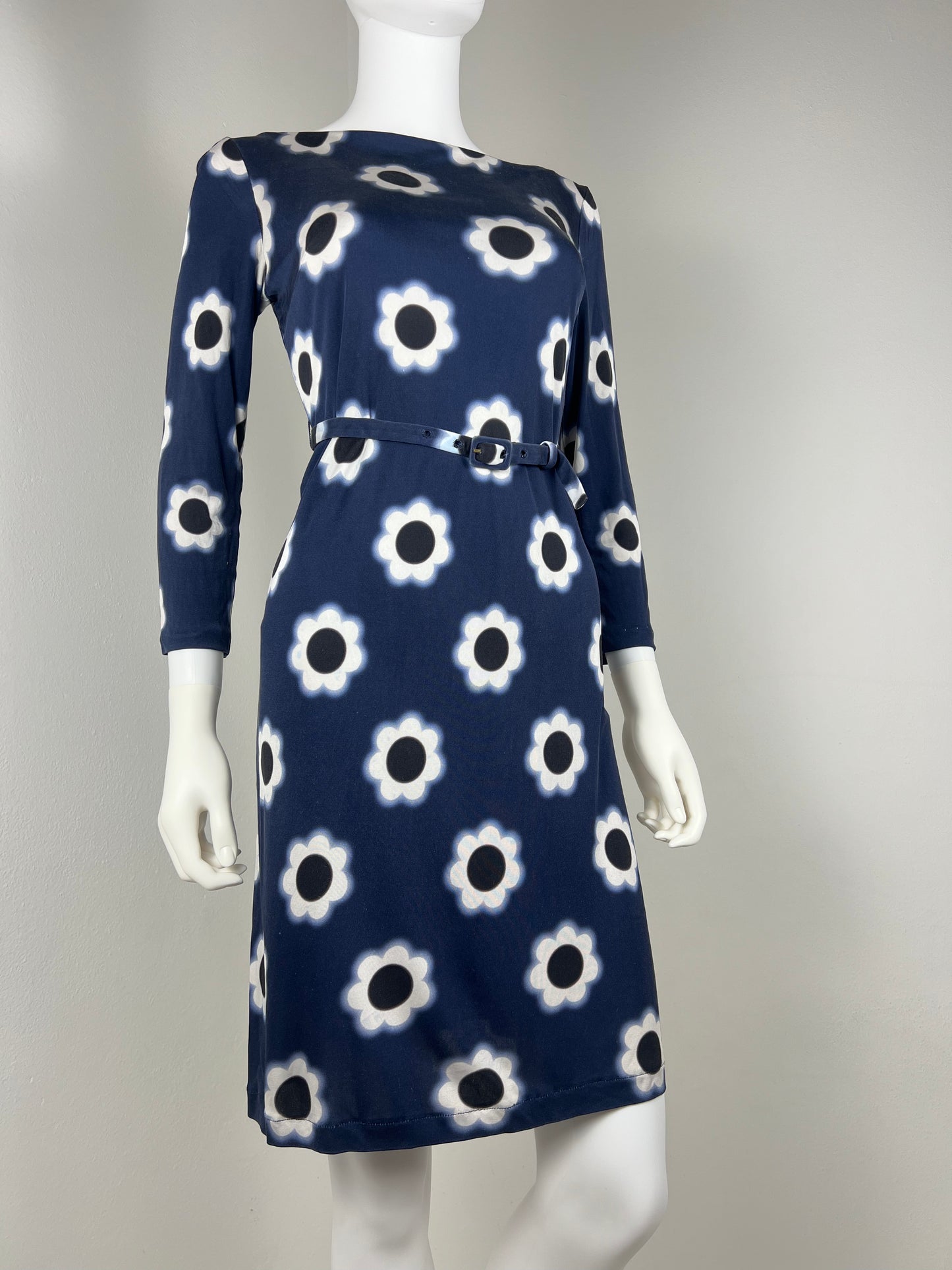 Prada Navy Floral Stretch Dress with Belt