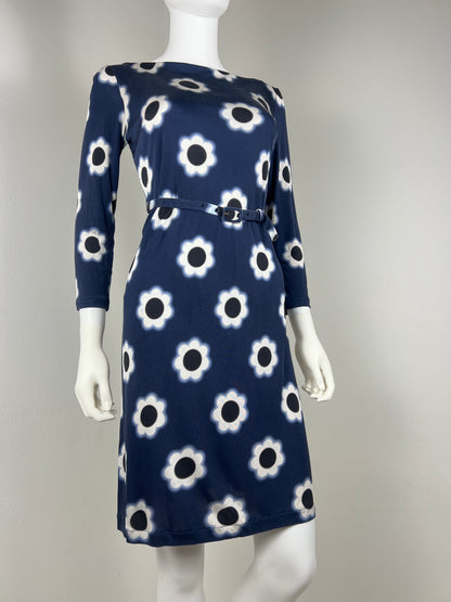 Prada Navy Floral Stretch Dress with Belt