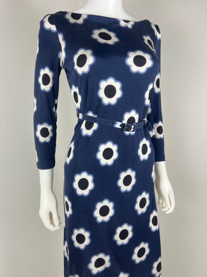 Prada Navy Floral Stretch Dress with Belt