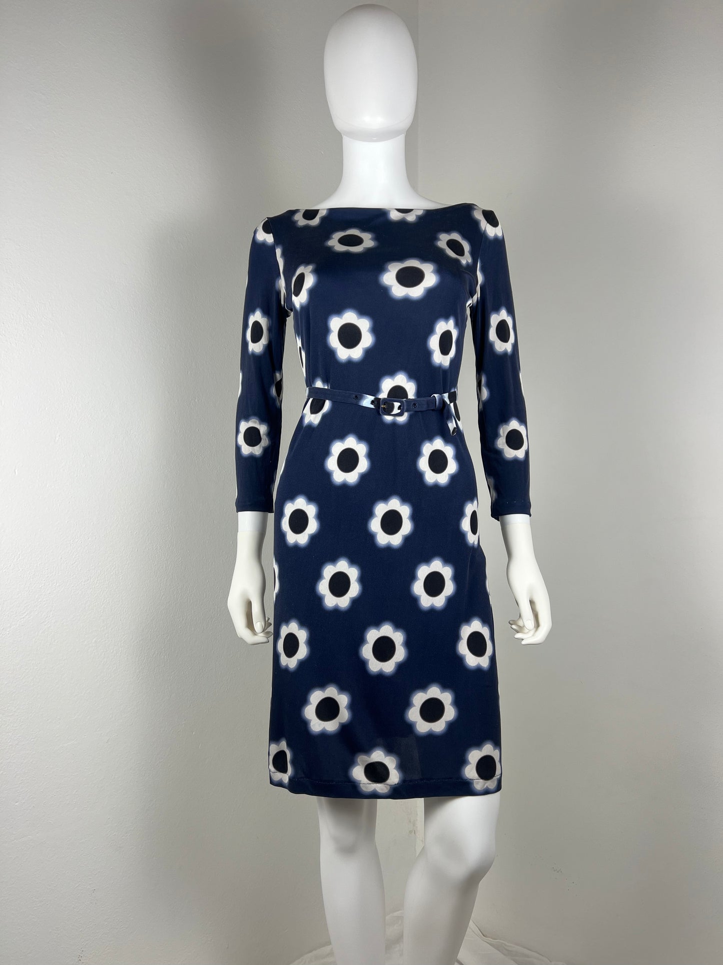 Prada Navy Floral Stretch Dress with Belt