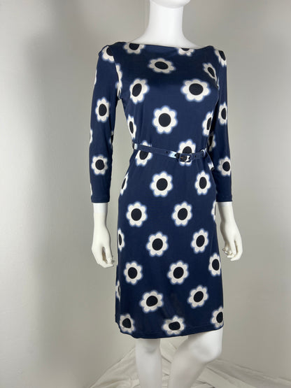 Prada Navy Floral Stretch Dress with Belt