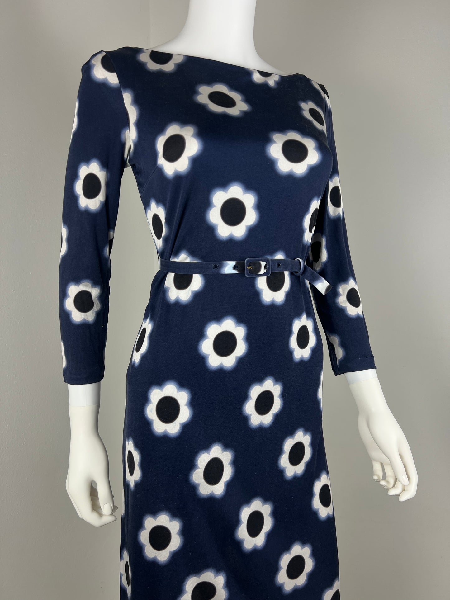 Prada Navy Floral Stretch Dress with Belt