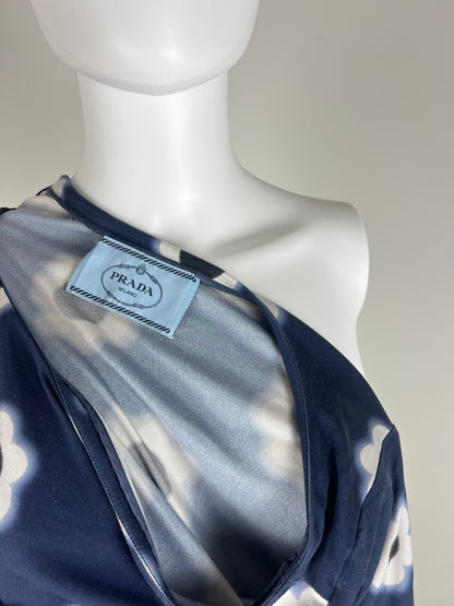 Prada Navy Floral Stretch Dress with Belt